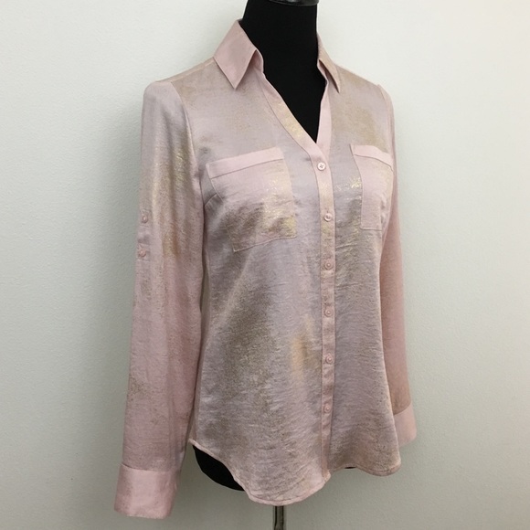 Express | Blush & Gold V-Neck Blouse - Picture 3 of 8